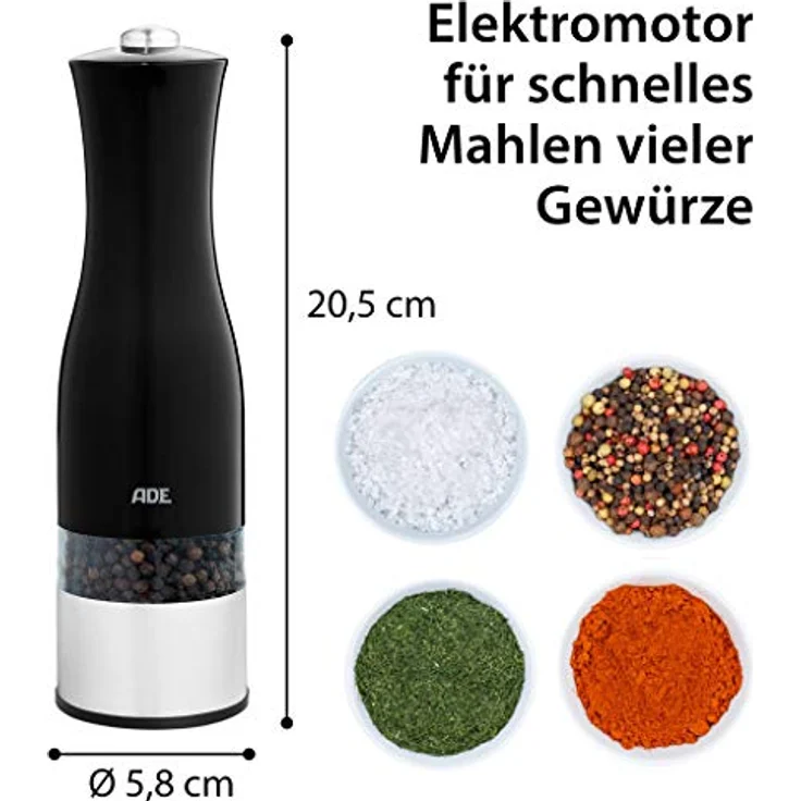 ADE Salz- und Pfeffer Mühle elektrisch KG1900-3 stufenlos einstellbar, Keramik-Mahlwerk, elektrische Pfeffermühle Beleuchtung, Gewürze mahlen, Salzstreuer Pfefferstreuer Set Gewürzmühle Schwarz: Tests, Infos & Preisvergleich