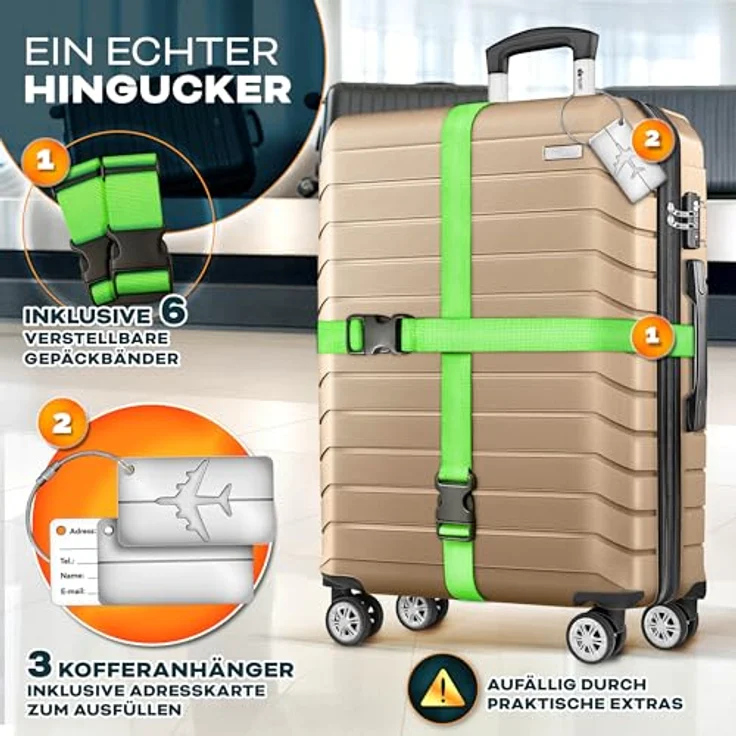 tillvex® Reisekoffer Set 3-TLG. Hartschalenkoffer mit TSA Schloss, 4 Rollen, inklusive Gepäckwaage, 6 Koffergurten & 3 Kofferanhängern, S-M-L-XL (Champagner) – Bild 2