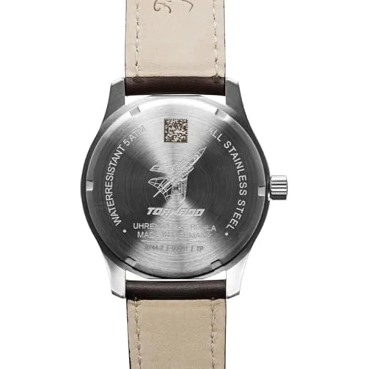 Bauhaus Aviation 2744-2 Tornado, Herrenuhr mit Schweizer Quarzwerk, Edelstahlgehäuse silber, schwarzes Zifferblatt, braunes Lederband, 5 ATM wasserdicht – Bild 4