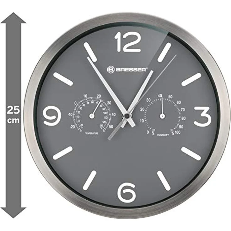 Bresser Funkuhr Wanduhr MyTime ND Thermo-Hygro mit geräuschlosem Funkuhrwerk, Edelstahlrahmen und Anzeige für Temperatur und Luftfeuchtigkeit, Grau, 250x250mm – Bild 5