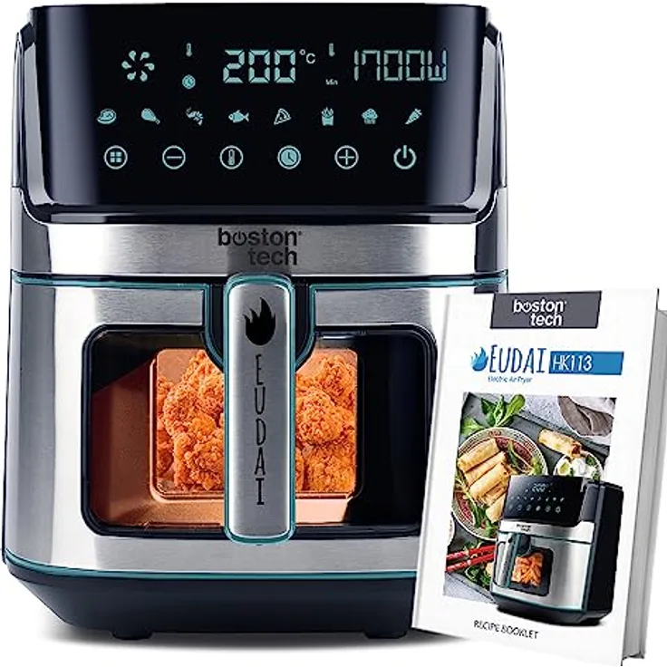 EUDAI Fritteuse ohne Öl, 6,5 l, Luftfritteuse mit Fenster, 8 Programme, LED-Display, Touch-Steuerung, Temperatur einstellbar, Antihaft Korb, Timer, 1700 W, inklusive Rezept, Edelstahl