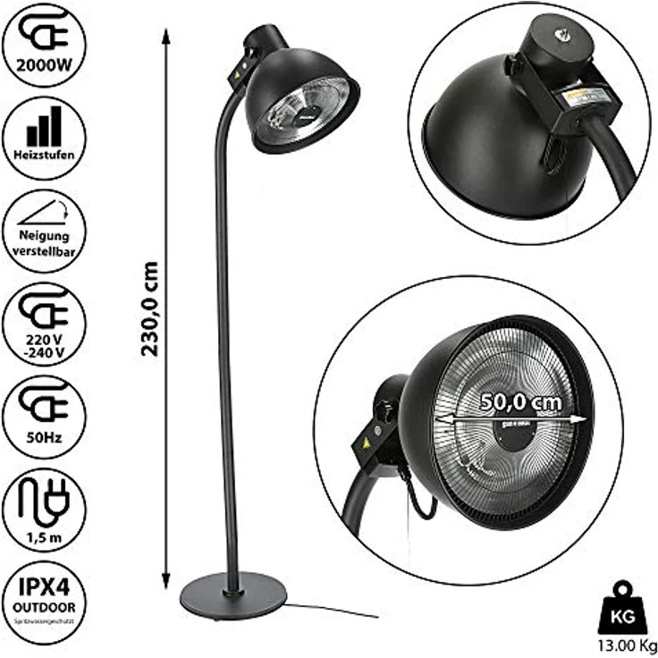 Cepewa Elektro Terrassen Heizstrahler | Halogenheiztechnologie | 3 Heizstufen | Spritzwasserschutz | Design Heizpilz Ø 50cm - Preisvergleich – Bild 2