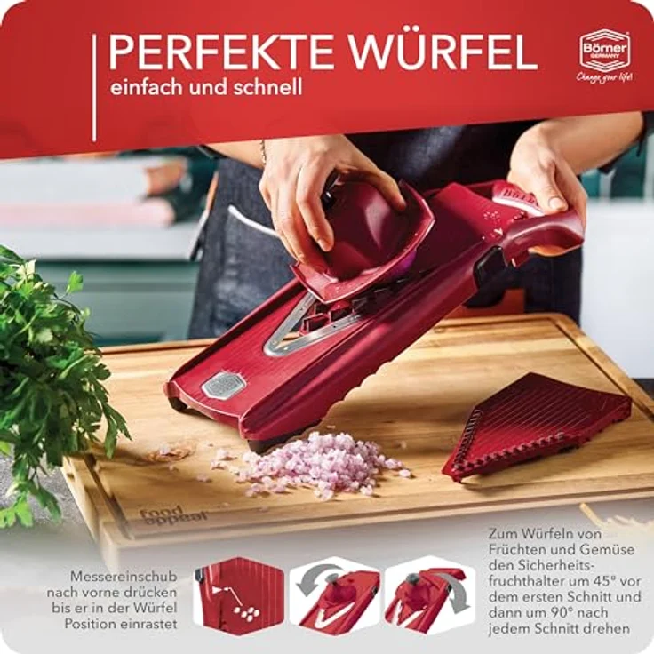 Börner Gemüsehobel V5 PowerLine Profi Set, Kunststoff, mit 2 Messereinschüben und Dockingstation rot – Bild 6