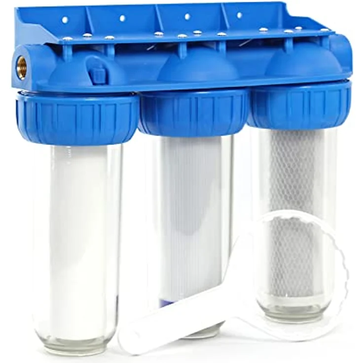 Naturewater NW-BR10B4 3 Stufen Wasserfilter, 5 µ, 32,89 mm (1"), Ø60 mm PP Kartusche, Filter Wandhalterung, Filterschlüssel, Sedimentfilter Aktivkohleblock Aktivkohlegranulat, weiß – Bild 1