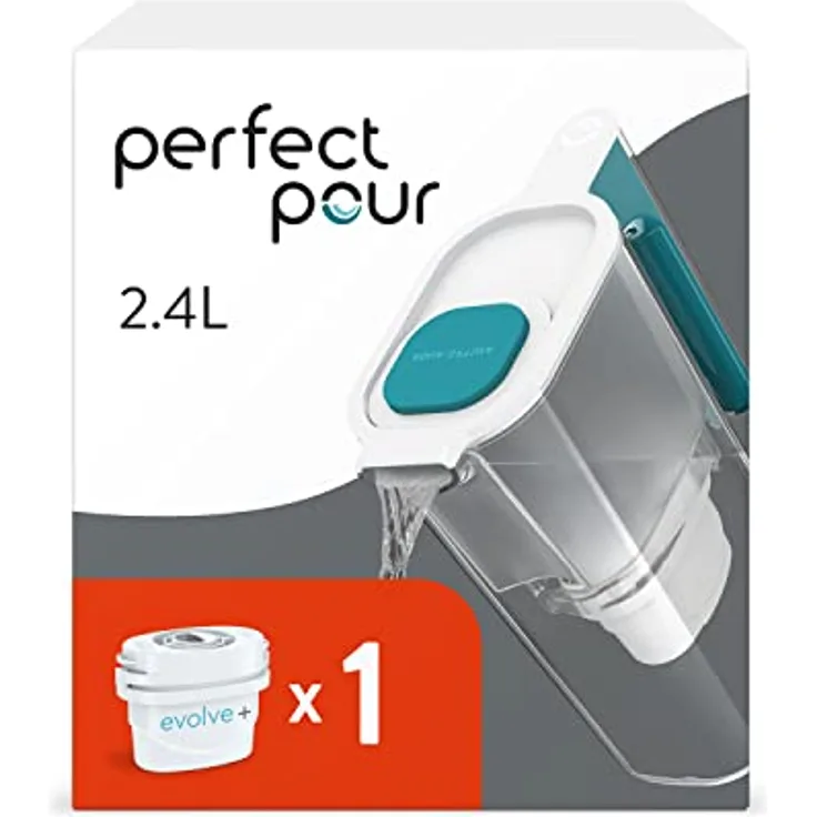 Aqua Optima Perfect Pour Wasserfilterkanne & 1 x 30 Tage Evolve+ Wasserfilterkartusche, 2,4 Liter Fassungsvermögen, Blau, zur Reduzierung von Mikroplastik, Chlor, Kalk und Verunreinigungen