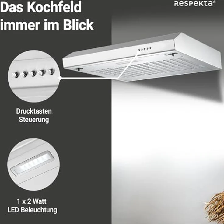 Respekta Sina CH500IX-19, Unterbauhaube aus Edelstahl mit Abluft- und Umluftfunktion, 50 cm, Energieeffizienzklasse A+, 53–64 dB, inklusive LED-Beleuchtung – Bild 3