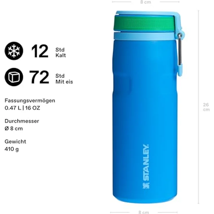 Stanley 1913 IceFlowBottle Twist Flip, 0.47L, doppelwandige Vakuumisolierung, hält 12 Stunden kalt und 3 Tage eisgekühlt, spülmaschinenfest, recycelter Edelstahl, BPA-frei, Azure – Bild 2