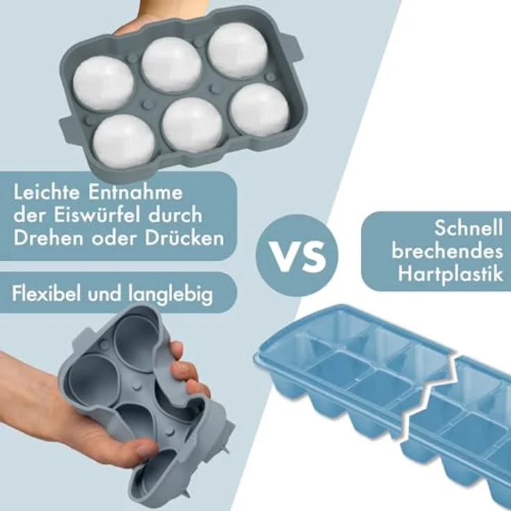 Blumtal Eiswürfelformen Silikon 3er Set, BPA-freie Eiskugelform mit Deckel für 6 runde Eiswürfel, Olivgrün + Mineral Rot – Bild 3