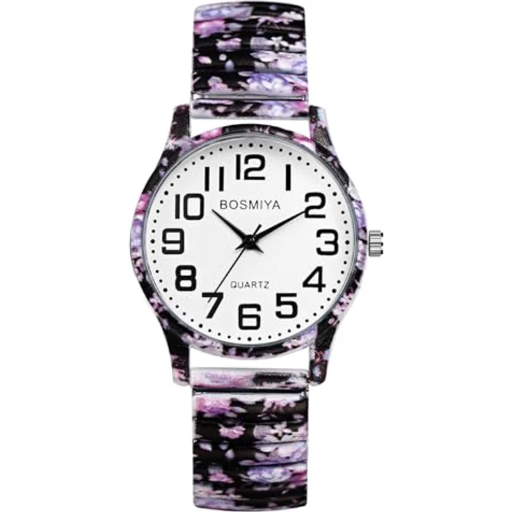 JewelryWe Damenuhr Boho, Violette Blumen Analog Quarz Armbanduhr mit elastischem Edelstahl Stretch-Armband, große Ziffern, lässiger Stil – Bild 1