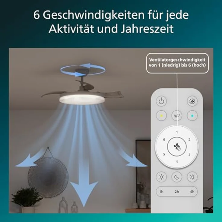 Philips Solr Deckenventilator mit LED-Licht, Einziehbaren Flügeln, 106 cm, 4.500 Lumen, Dimmbar, 3 Weißstufen, Fernbedienung, Weiß – Bild 4