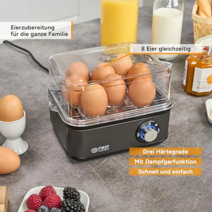 TZS First Austria Eierkocher Grau, 8 Eier Kapazität, 4 Kochstufen mit Dampfgarfunktion, automatische Abschaltung, Trockenkochschutz, inkl. Messbecher & Pochierschale – Bild 3