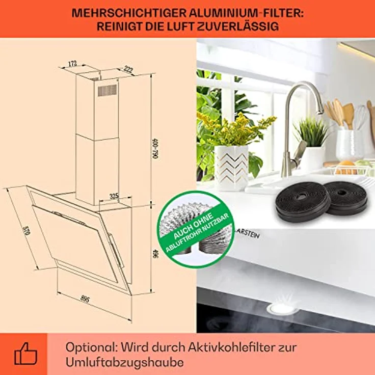 Klarstein Dunstabzugshaube, Dunstabzugshaube 90cm, Dunstabzugshaube Umluft/Abluft, Abzugshaube mit Fettfilter, Dunstabzug zur Wandmontage, Dunstabzugshauben mit LEDs, Kopffreihaube 601 m³/h Abluft – Bild 5