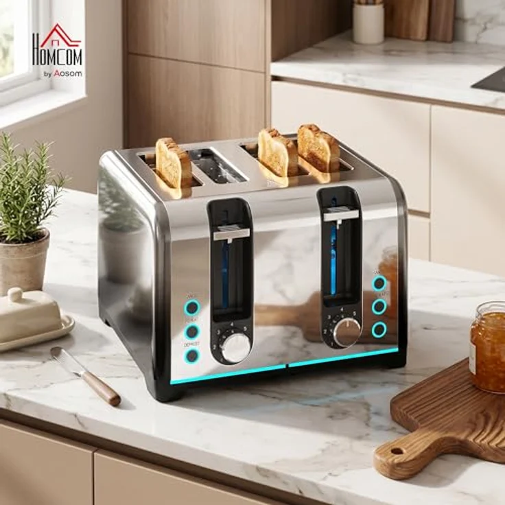 HOMCOM 4-Scheiben-Toaster, 7 Bräunungsstufen, Auftauen, Aufwärmen, Abbruchfunktion, schwarz – Bild 2