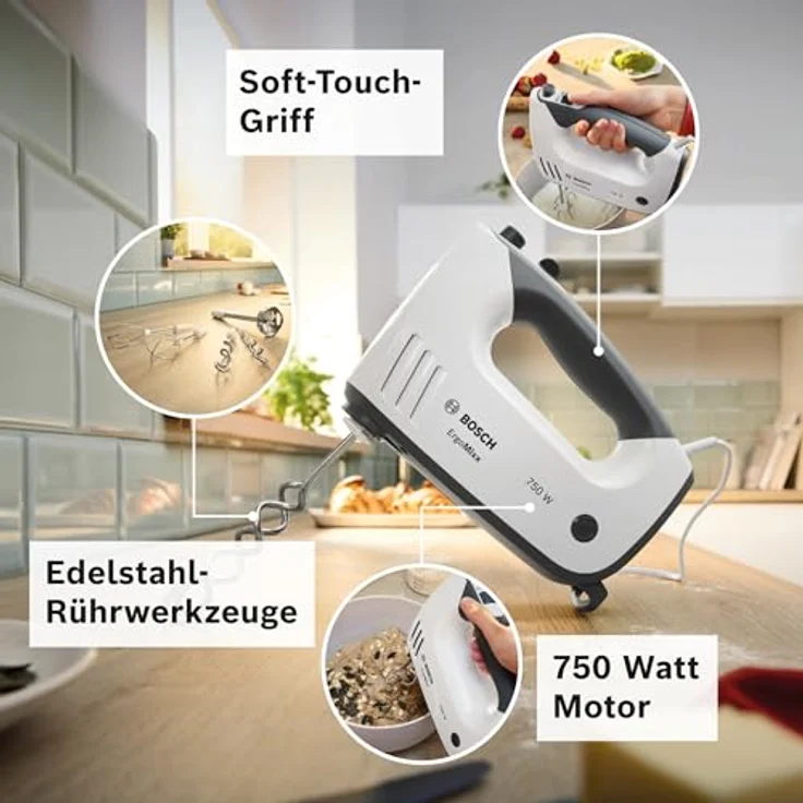 Bosch Hausgeräte Handrührer, ErgoMixx, 750 W, Weiß, grau, MFQ37470, Handmixer, Grau, Weiss – Bild 3