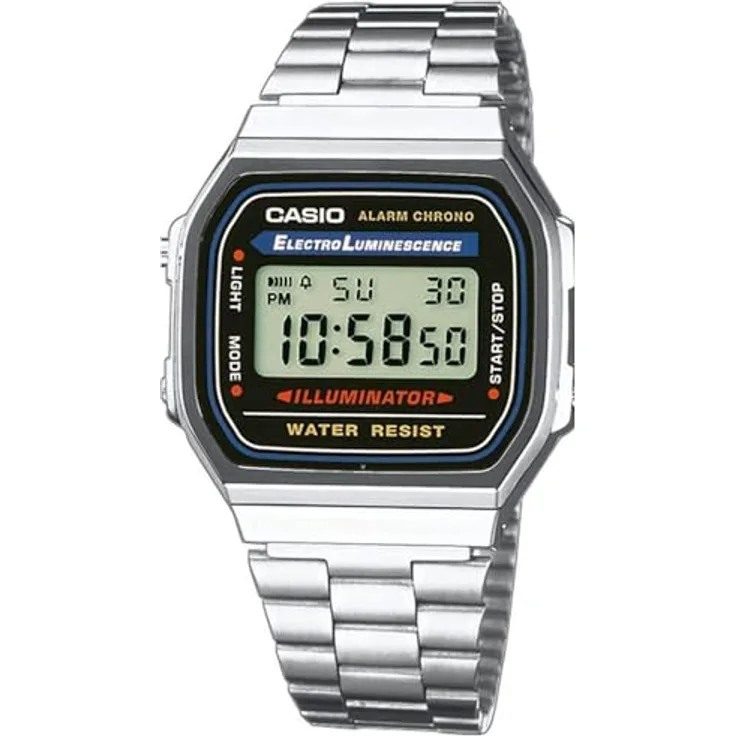 Casio Unisex Digital Edelstahl Armbanduhr A168WA 1W, Quarz, Alarm, Frustfreie Verpackung