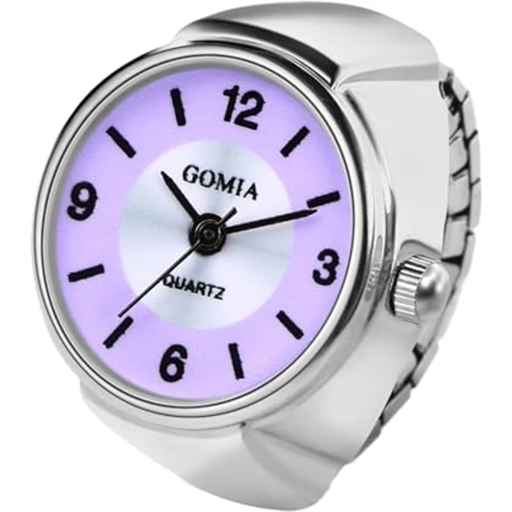 JewelryWe Ringuhr Fingeruhr Damen Elastisch - Klassische Analog Quarz Uhr mit lila Zifferblatt und elastischem Legierungsband – Bild 1