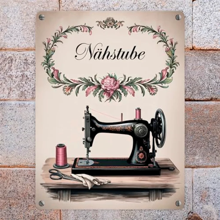 speecheese Vintage Nähmaschine Nähstube Metallschild, kunstvoll illustriert, 15x20 cm für nostalgische Einrichtung – Bild 7