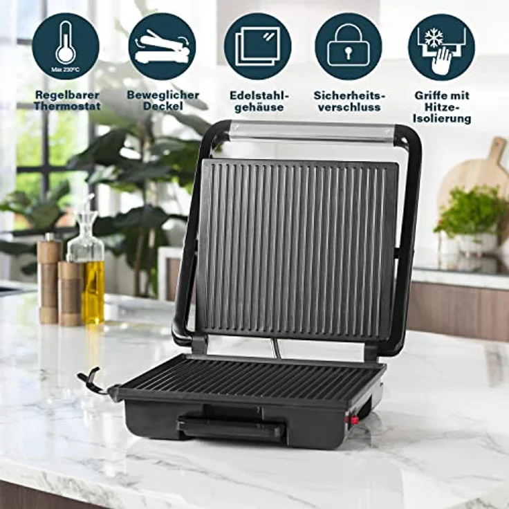 Princess Panini Grill Pro Kontaktgrill, Thermostat, 2000Watt, antihaftbeschichtet, edelstahl, schwarz – Bild 5