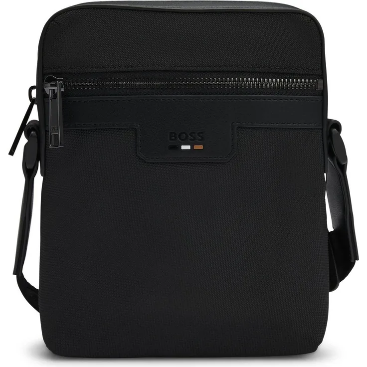 BOSS Umhängetasche Ray N NS Zip Crossbody, Reporterbag in Schwarz, recycelte Materialien, verstellbarer Schulterriemen