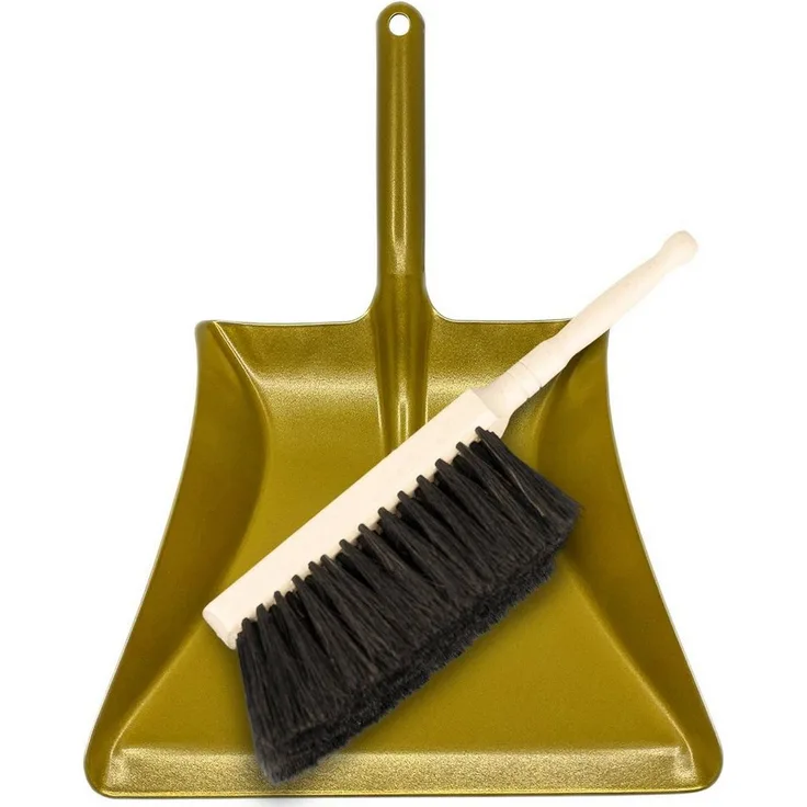 Landshop24 Kehrgarnitur Kehrset Handfeger Rosshaar + Kehrschaufel Metall Brilliantgold, 2-tlg, für Fliesen, Laminat, Beton, Vinylboden, verantwortungsvoll, kein Plastik