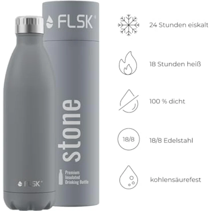 FLSK Trinkflasche I Premium Thermosflasche aus Edelstahl I 100% Auslaufsicher & Kohlensäure geeignet I hält bis zu 24 Std. Kalt und 18 Std. Heiß (stone, 750 ml) – Bild 3