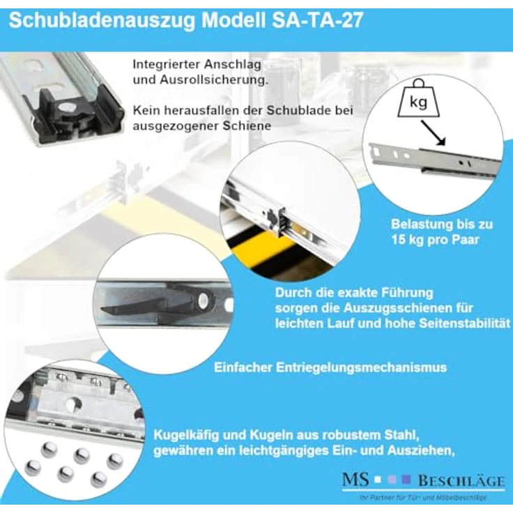 MS Beschläge Teleskopauszug 300mm Schubladenauszug Kugelauszug, verzinkt, 15kg Traglast, mit Entriegelungsfunktion, 27mm Höhe – Bild 3