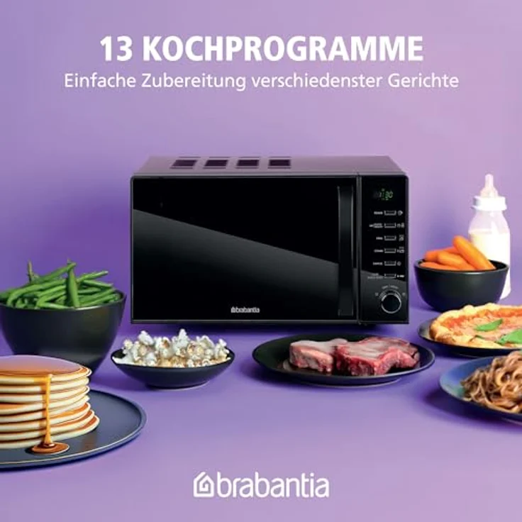 Brabantia BBEK1145DG Mikrowelle mit Grillfunktion, 20 Liter, 700 W, 13 automatische Programme, digitaler Timer, schwarz – Bild 3