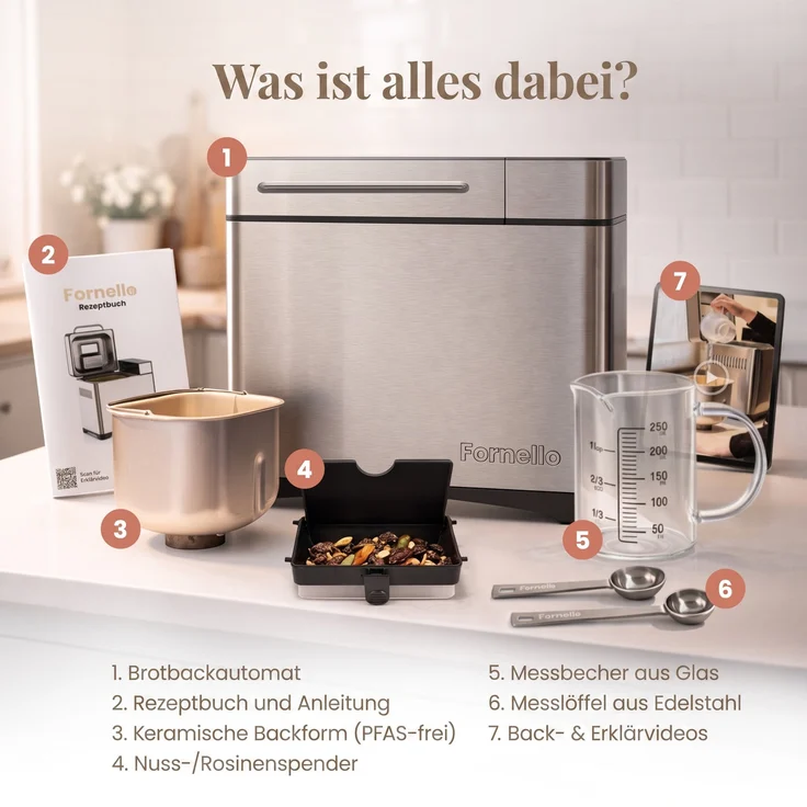 Fornello Supremo Brotbackautomat 710 W mit 19 Programmen, PFAS-freier Keramik-Backform, 15-Stunden-Timer und automatischem Zutaten-Spender – Bild 7