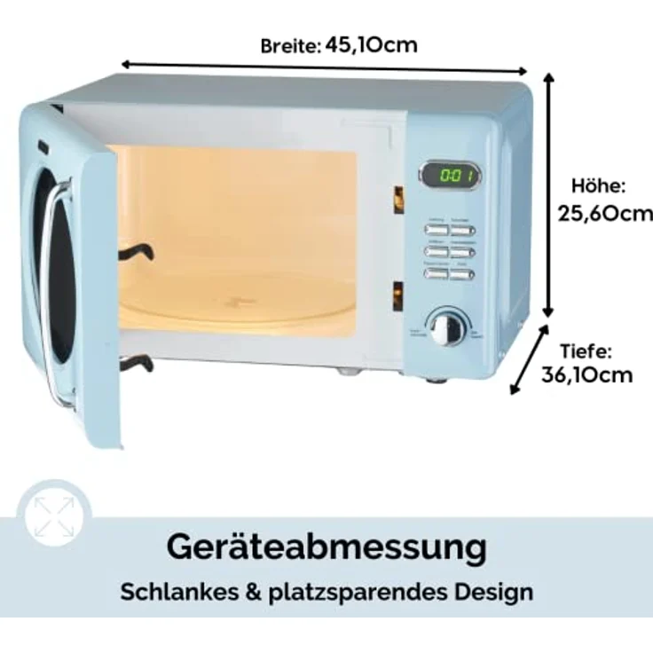 PKM WOLKENSTEIN Mikrowelle WMW720, Retro, Standgerät, 700 Watt, blau, 20 Liter Garraum, 8 Automatik-Programme, Drehteller, 60 Min Timer, Kindersicherung – Bild 6