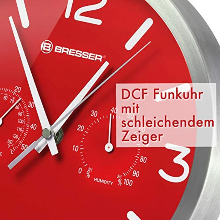 Bresser Funkuhr Wanduhr MyTime ND Thermo-Hygro mit geräuschlosem Funkuhrwerk, Edelstahlrahmen und Anzeige für Temperatur und Luftfeuchtigkeit, rot, 250x250mm – Bild 4