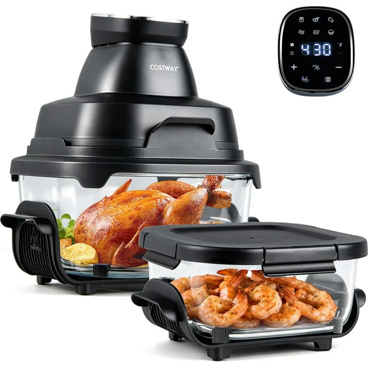 COSTWAY Heißluftfritteuse, 1500 W, Airfryer mit 4 L und 1,7 L Borosilikatglasbehältern, Touch-Bedienfeld, 6 Programme