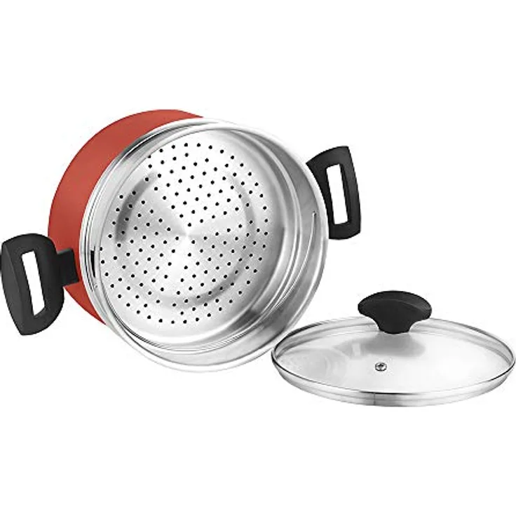 Fagor Maxima Dampfkochtopf Induktion 20 cm, geschmiedetes Aluminium, Edelstahl-Dampfkorb, Glasdeckel, antihaftbeschichtet, PFOA-frei, für alle Herde geeignet, rot