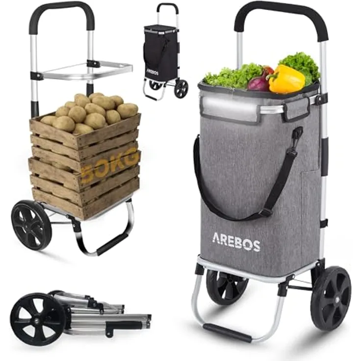 Arebos 3in1 Einkaufstrolley | Trolley groß 56 Liter mit Kühlfach | Einkaufswagen klappbar und leicht | Handwagen Grau