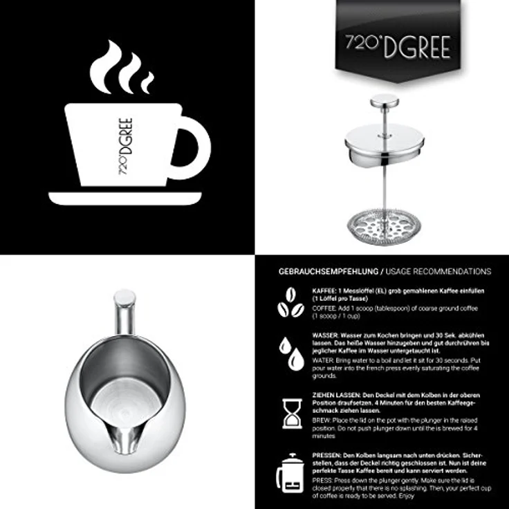 Pressfilterkanne Edelstahl Kaffeekanne French-Press 1L Kaffeebereiter 720°DGREE – Bild 3