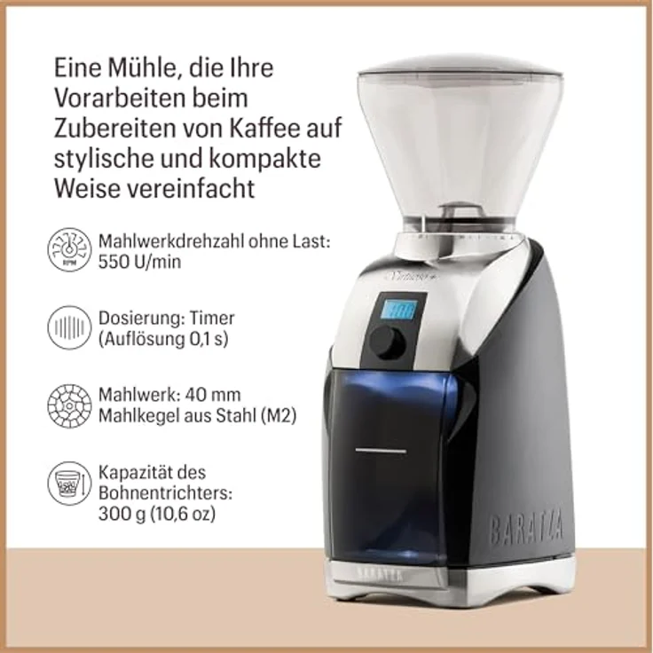 Baratza Virtuoso+ 230V Elektrische Kaffeemühle, konisches Mahlwerk, individueller Timer, Barista-Beleuchtung, kompakt und transportabel, schwarz – Bild 2