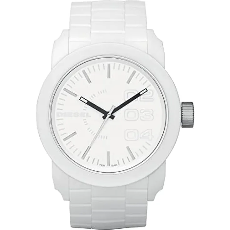 Diesel Herrenuhr Double Down S44, Dreizeigeruhrwerk, 44 mm Gehäuse aus weißem Polycarbonat mit Silikonarmband, DZ1436