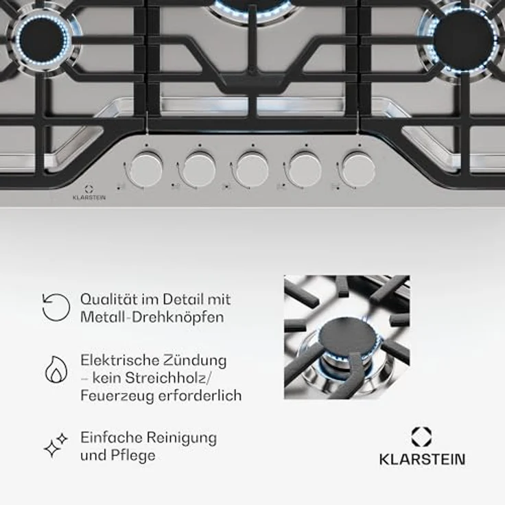 Klarstein Turbocast Gaskochfeld - 5-Brenner Edelstahl 304, 3,4 kW Wokbrenner, Gusseiserne Pfannenhalter, Elektrische Zündung, Sicherheitsabschaltung, LPG-Umrüstsatz, Gasherd, 750x500 mm, Silber – Bild 5