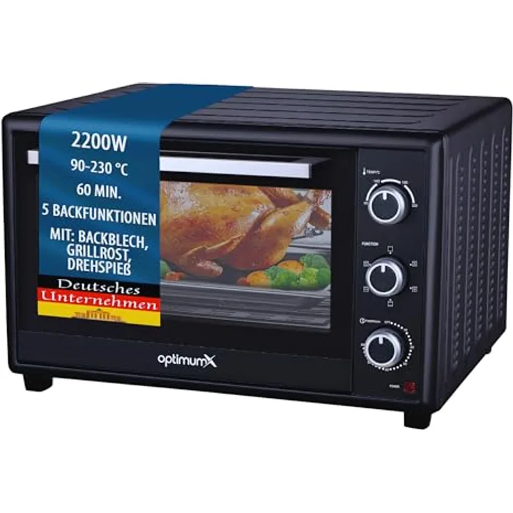 OptimumX Minibackofen 60 Liter XXL mit Umluft, 2200W, Drehspieß, Anthrazit