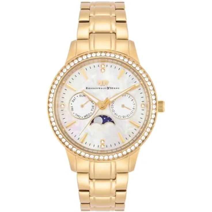 Rhodenwald & Söhne Damen Uhr analog Quarz Multifunktion mit gelbgolden Edelstahl Armband, verziert mit Swarovski Kristallen