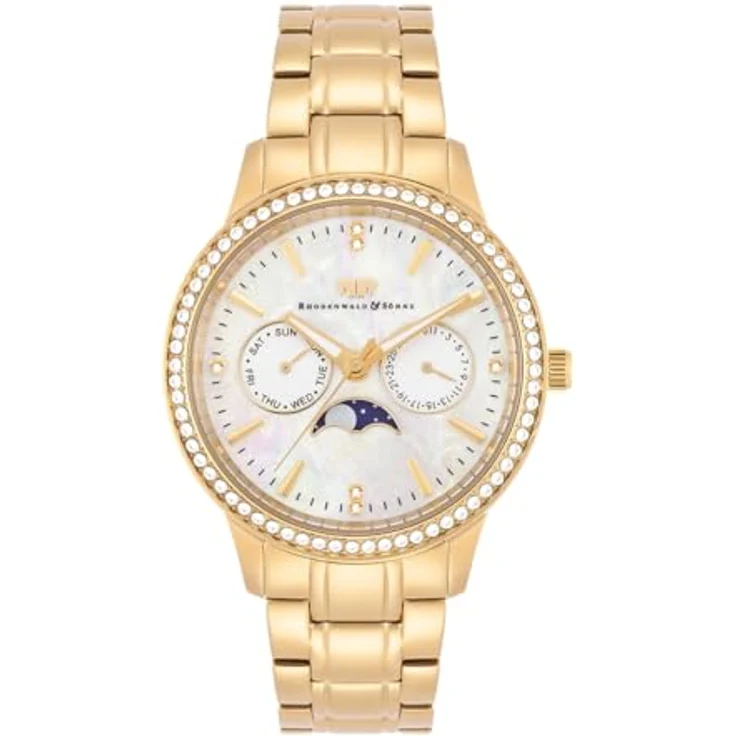 Rhodenwald & Söhne Damen Uhr analog Quarz Multifunktion mit gelbgolden Edelstahl Armband, verziert mit Swarovski Kristallen – Bild 1