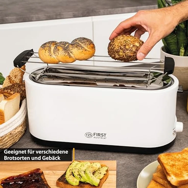 TZS First Austria - Toaster 4 Scheiben Langschlitz 1400W mit Krümelschublade | Brötchenaufsatz | wärmeisoliertes Gehäuse, Temperatureinstellung, Edelstahlgehäuse, Auftaufunktion, Brotzentrierung – Bild 4