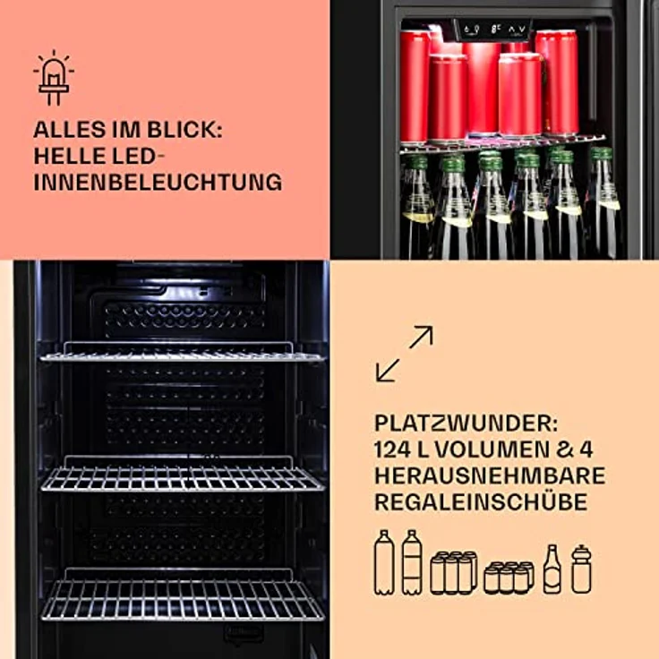Klarstein Mini Kühlschrank mit Glastür, 124 L Getränke Kühlschrank, leise und verstellbare Ablagen, Indoor/Outdoor, Edelstahl – Bild 4