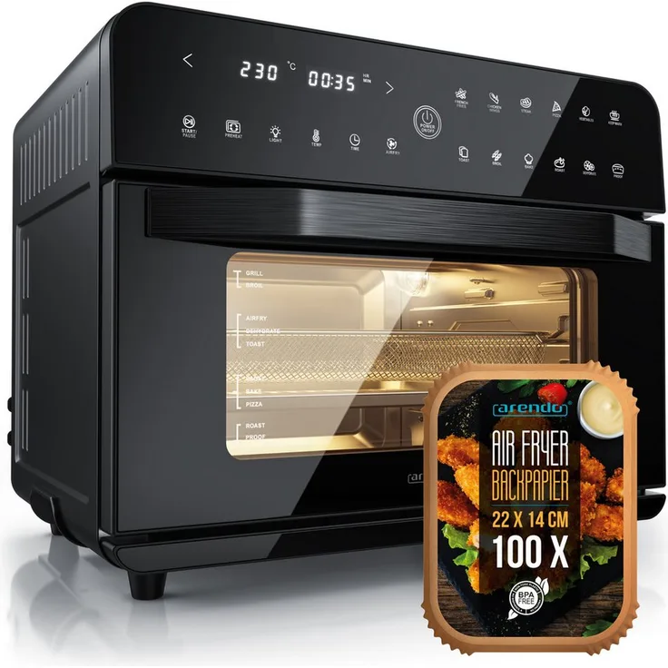 Arendo Minibackofen Airfryer 25L, Edelstahl Multifunktionsofen mit 1800W, 12 Kochprogrammen, 3D Umluftsystem, inklusive Frittierkorb und Backpapier