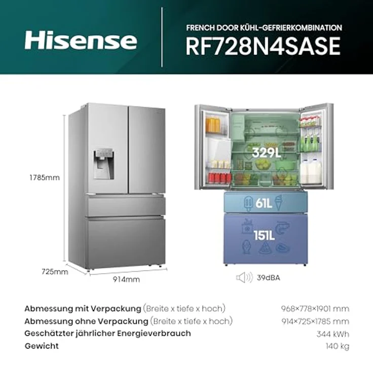 Hisense RF 728 N 4 SASE French-Door-Kühlschrank, freistehend, inoxfarben, NoFrost, Breite 91.4 cm, Energieklasse E – Bild 3