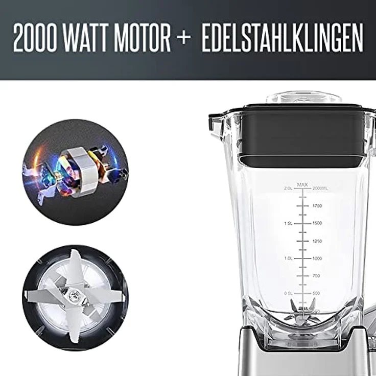 HEINRICHS Mixer, Standmixer, Hochleistungsmixer mit 32000 U/min und 2000W Motor + 4Programme, Blender-8 Edelstahlklingel, BPA-Frei, Smoothie Maker, 2L Behälter, Ice-Crush Funktion, Heinrich´s – Bild 4