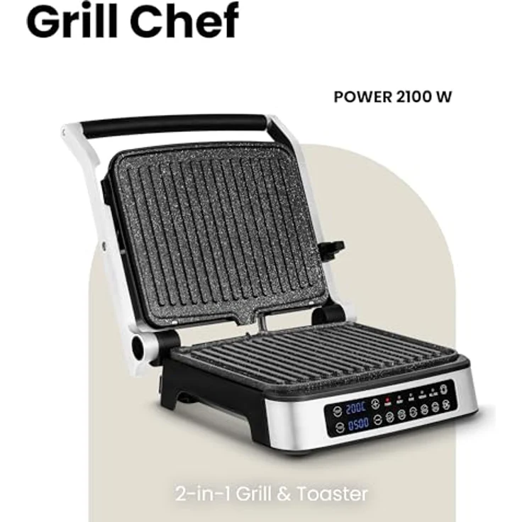 Zeegma Grill Chef Elektrischer Kontaktgrill und Sandwichtoaster 2100W, Herausnehmbare Heizplatten, 2in1, 180 ° Klappbar, ILAG-Antihaftbeschichtung, Tropfschale, Akustische Benachrichtigungen (SILVER) – Bild 2