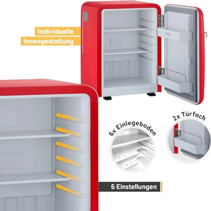 TZS First Austria Retro Mini Kühlschrank 40L lautlos, Vintage-Design mit Innenbeleuchtung & 2 Türfächern, rot – Bild 4