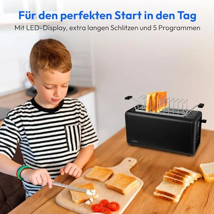 MEDION MD 12103 Toaster 4 Scheiben mit Brötchenaufsatz, 1.450 Watt, 7 Bräunungsstufen, 5 Automatikprogramme, Edelstahl matt, schwarz – Bild 2