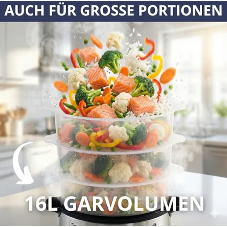 Sommertal STEAMY 800, elektrischer Dampfgarer mit 16L XXL Dampftopf, 800W, 3 Dampfgar-Ebenen, 1200ml Wasserbehälter, BPA-frei, 60 Min Timer + Abschaltautomatik, spülmaschinenfest – Bild 3