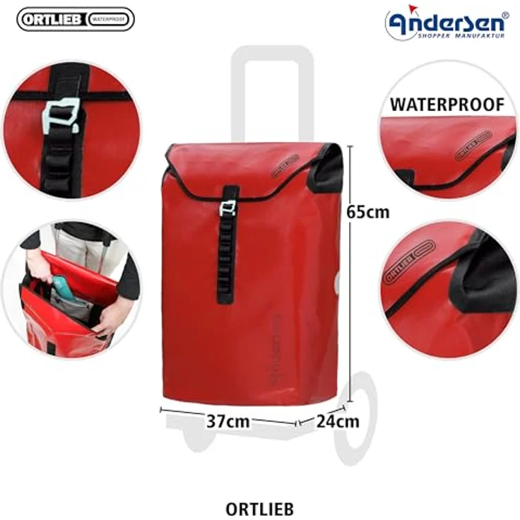 Andersen Royal Shopper Plus Ortlieb Einkaufstrolley 65 cm mit Lufträdern, Rot – Bild 3